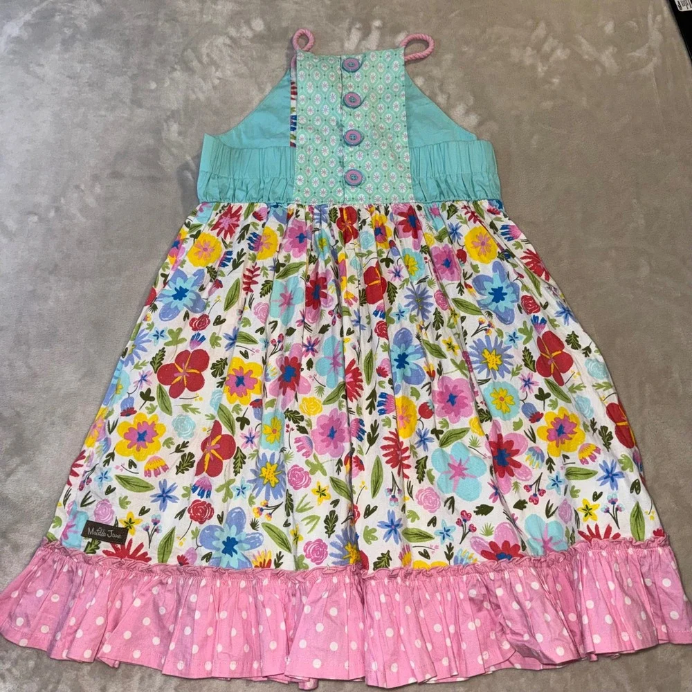 Matilda Jane Girls Floral Halter Dress Pink Polka Dot Ruffle Hem Size 8